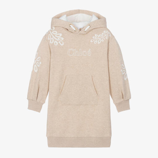 Chloé-Girls Beige Embroidered Hooded Dress | Childrensalon Outlet