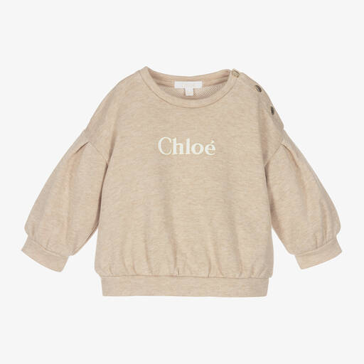 Chloé-Girls Beige Organic Cotton Logo Sweatshirt | Childrensalon Outlet