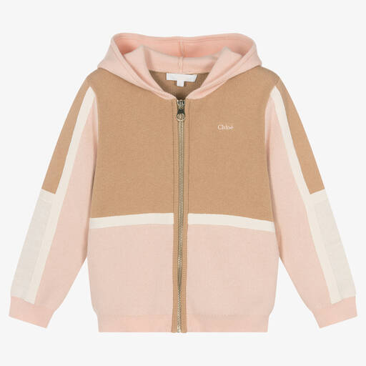 Chloé-Girls Beige & Pink Cotton Hooded Zip-Up Top | Childrensalon Outlet