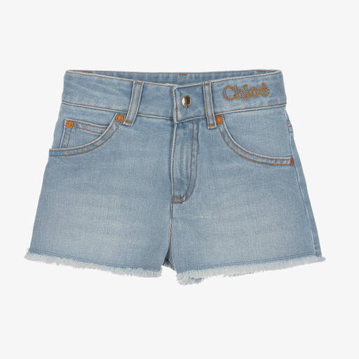 Chloé-Girls Blue Cotton Denim Logo Shorts | Childrensalon Outlet