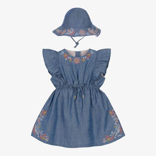 Chloé-Голубое платье и панама из шамбре с цветами | Childrensalon Outlet