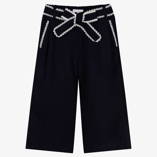 Chloé-بنطلون بأرجل واسعة قطن وكتان لون كحلي للبنات | Childrensalon Outlet