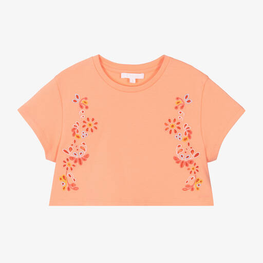 Chloé-Girls Coral Orange Cotton Floral T-Shirt | Childrensalon Outlet