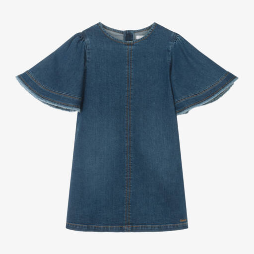 Chloé-Girls Denim Dress with Frayed Sleeves | Childrensalon Outlet