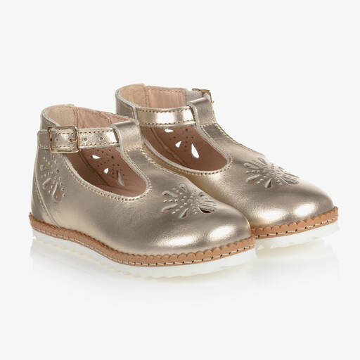 Chloé-Girls Gold Leather Logo Shoes | Childrensalon Outlet