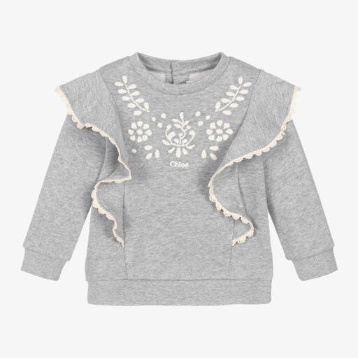 Chloé-Серый свитшот из органического хлопка с вышивкой | Childrensalon Outlet