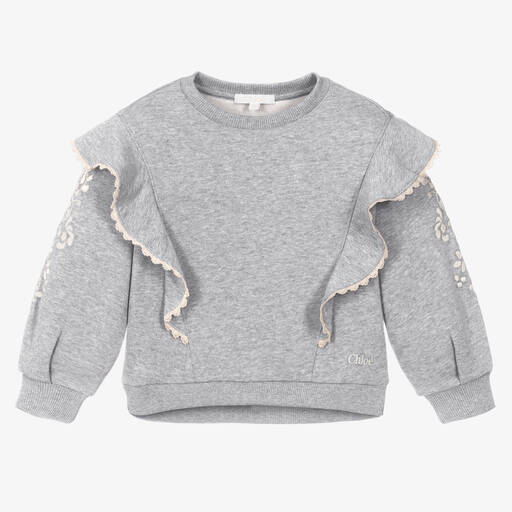 Chloé-Girls Grey Floral Embroidered Sweatshirt | Childrensalon Outlet