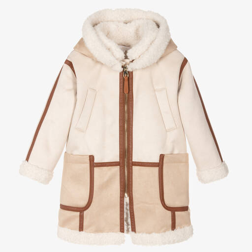 Chloé-Girls Ivory & Beige Hooded Suede Coat | Childrensalon Outlet