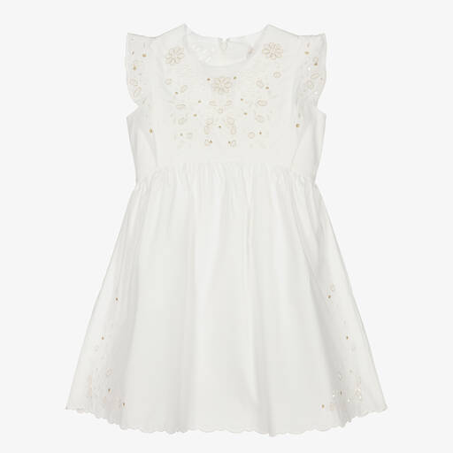 Chloé-Кремовое хлопковое платье с вышивкой английской гладью | Childrensalon Outlet
