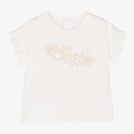 Chloé-Girls Ivory Embroidered Cotton T-Shirt | Childrensalon Outlet