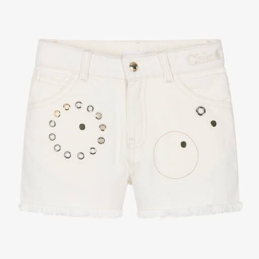 Chloé-Girls Ivory Eyelet Denim Shorts | Childrensalon Outlet
