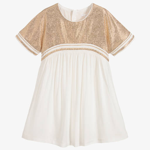 Chloé-فستان كريب لون عاجي و ذهبي | Childrensalon Outlet