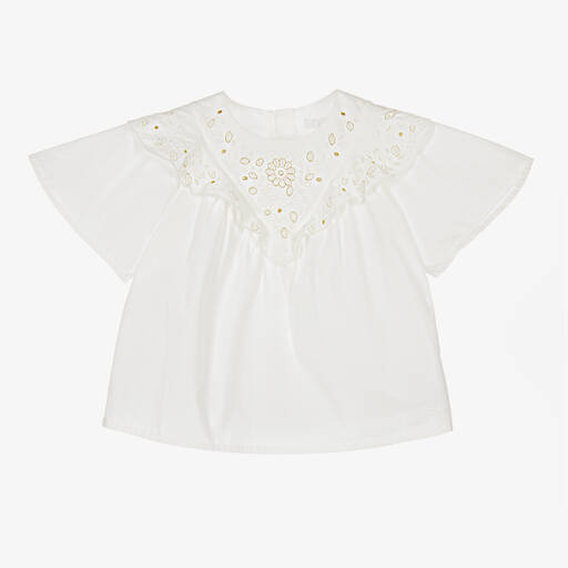 Chloé-Кремовая блузка из органического хлопка с прорезной вышивкой | Childrensalon Outlet