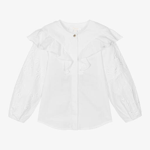 Chloé-Girls Ivory Organic Cotton Ruffle Blouse | Childrensalon Outlet