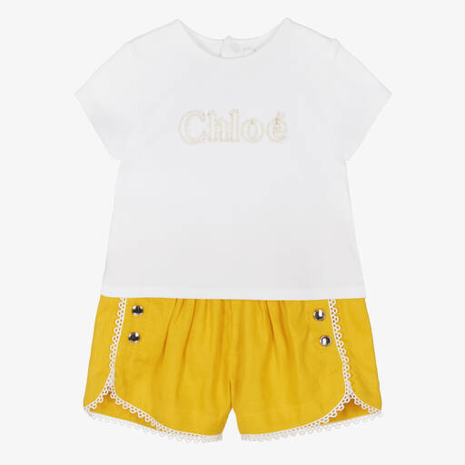 Chloé-طقم شورت أطفال بناتي قطن وكتان لون عاجي وأصفر | Childrensalon Outlet