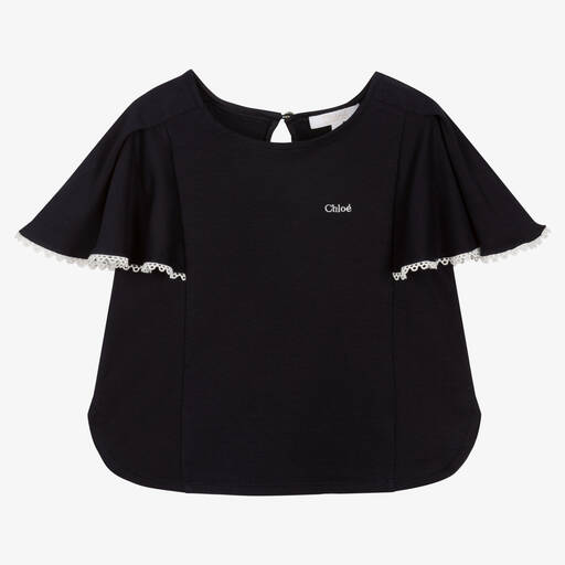 Chloé-Girls Navy Blue Angel Sleeve Top | Childrensalon Outlet