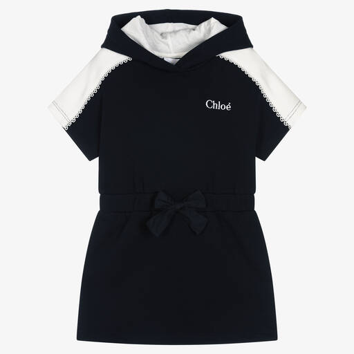 Chloé-Girls Navy Blue Cotton Logo Hoodie Dress | Childrensalon Outlet