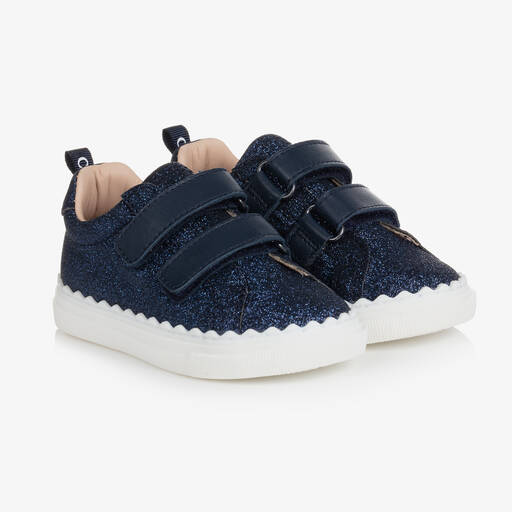 Chloé-Girls Navy Blue Leather Glitter Trainers | Childrensalon Outlet