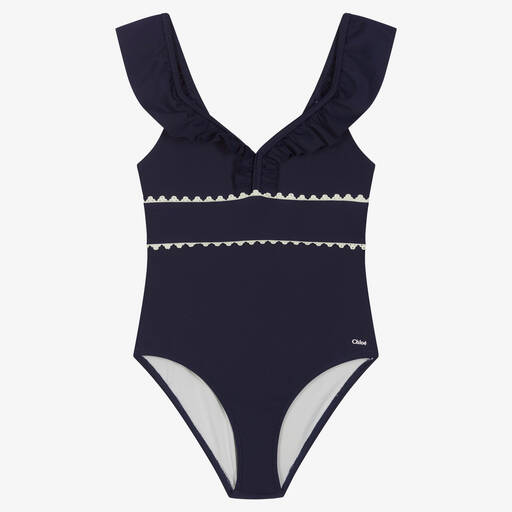 Chloé-Girls Navy Blue Ruffle Swimsuit | Childrensalon Outlet