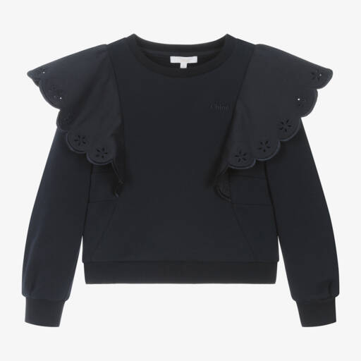 Chloé-Girls Navy Frilled Cotton Sweater | Childrensalon Outlet