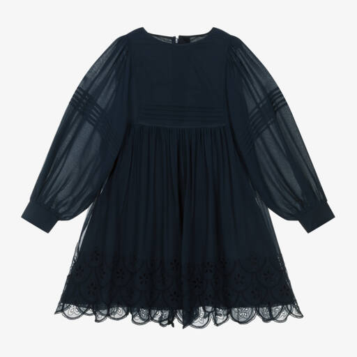 Chloé-فستان برودري انجليز حرير لون أزرق | Childrensalon Outlet