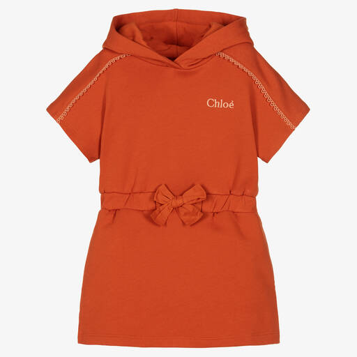 Chloé-Girls Orange Cotton Logo Hoodie Dress | Childrensalon Outlet