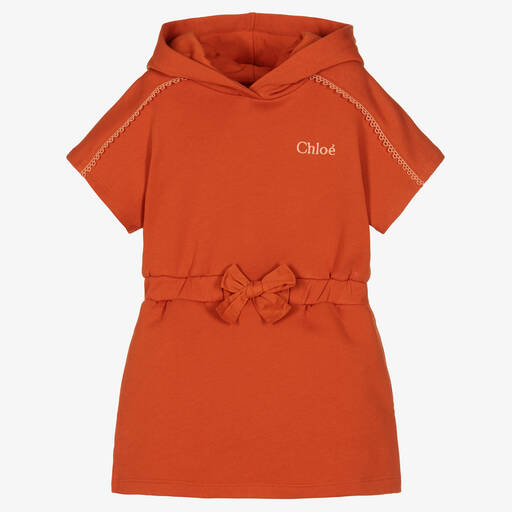 Chloé-Girls Orange Cotton Logo Hoodie Dress | Childrensalon Outlet