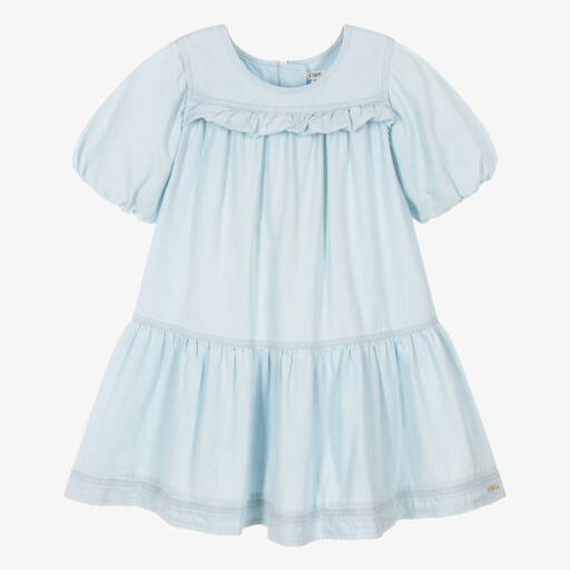 Chloé-Girls Pale Blue Denim Dress with Puffed Sleeves | Childrensalon Outlet