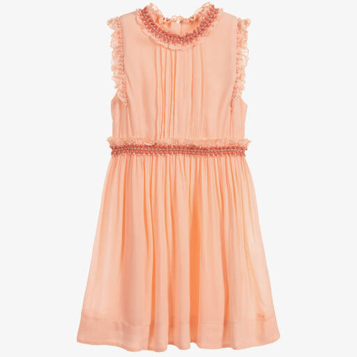 Chloé-فستان فيسكوز كريب لون خوخي | Childrensalon Outlet