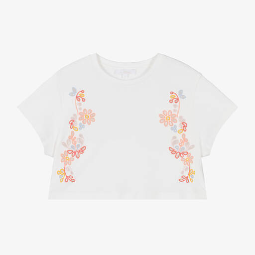 Chloé-Girls White Cotton Floral T-Shirt | Childrensalon Outlet