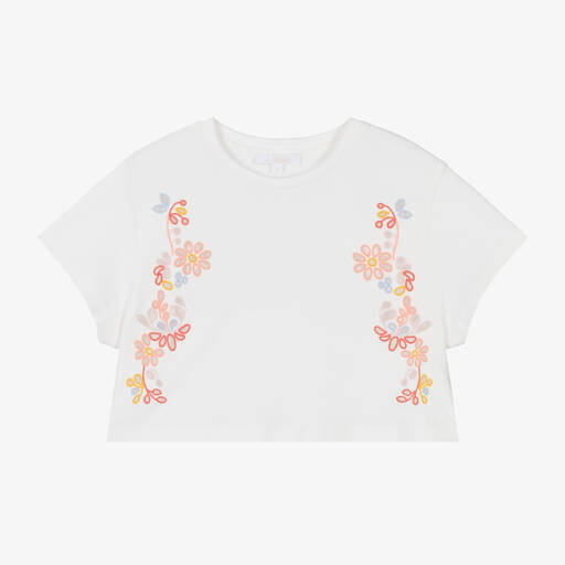Chloé-Girls White Cotton Floral T-Shirt | Childrensalon Outlet