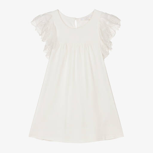 Chloé-فستان قطن جيرسي عضوي لون أبيض مزين بكشكش | Childrensalon Outlet