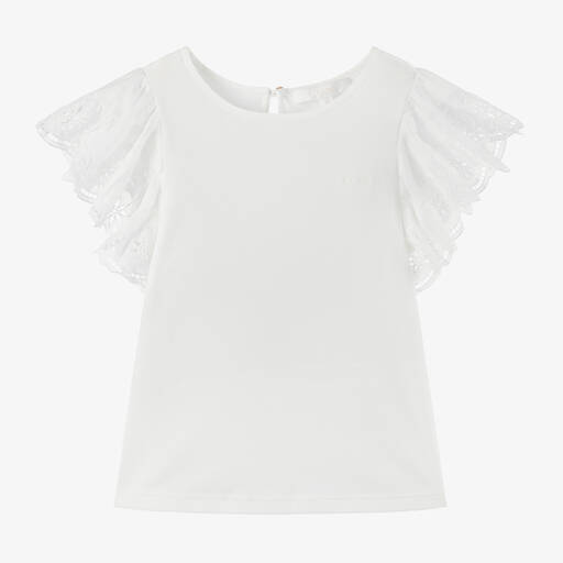 Chloé-Girls White Cotton Ruffle-Sleeve T-Shirt | Childrensalon Outlet