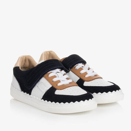 Chloé-Girls White & Navy Blue Leather Trainers | Childrensalon Outlet
