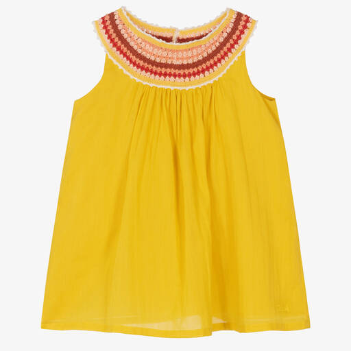 Chloé-فستان قطن عضوي لون أصفر موتارد | Childrensalon Outlet