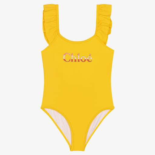 Chloé-Girls Yellow Ruffle Logo Swimsuit | Childrensalon Outlet
