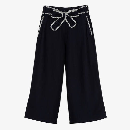 Chloé-بنطلون بأرجل واسعة قطن وكتان لون كحلي | Childrensalon Outlet