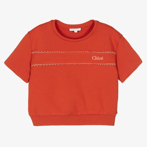 Chloé-سويتشيرت تينز بناتي قطن عضوي لون برتقالي | Childrensalon Outlet
