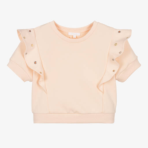 Chloé-سويتشيرت قطن عضوي مزين بكشكش لون زهري | Childrensalon Outlet