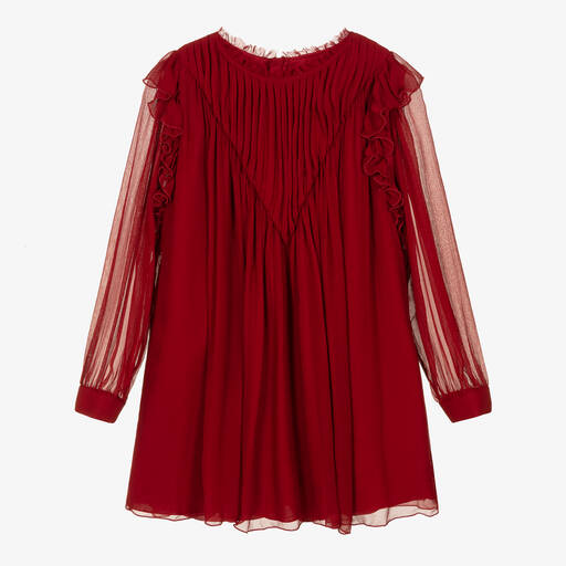 Chloé-فستان حرير مزين بكشكش لون أحمر برغندي | Childrensalon Outlet