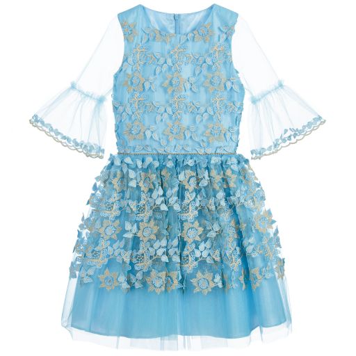 David Charles-Blue & Gold Embroidered Dress | Childrensalon Outlet