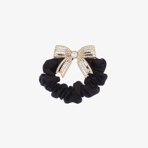 David Charles-Girls Black Diamanté Bow Scrunchie (4.5cm) | Childrensalon Outlet