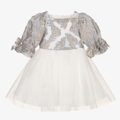 David Charles-Бело-голубое платье из парчи для девочек | Childrensalon Outlet