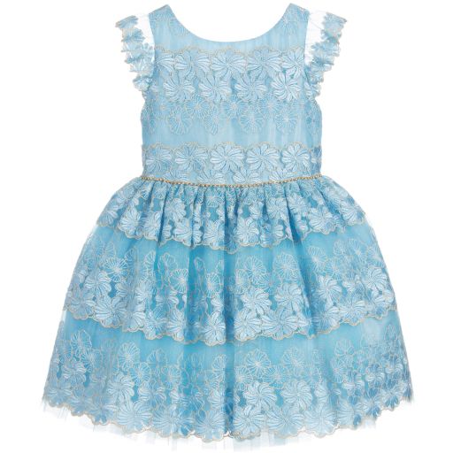 David Charles-Girls Blue Embroidered Dress | Childrensalon Outlet