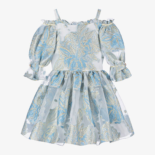 David Charles-Girls Blue Floral Organza Dress | Childrensalon Outlet