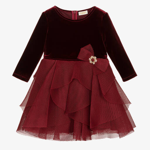 David Charles-فستان قطيفة لون أحمر برغندي | Childrensalon Outlet