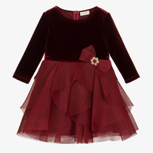 David Charles-Girls Burgundy Red Velour Dress | Childrensalon Outlet