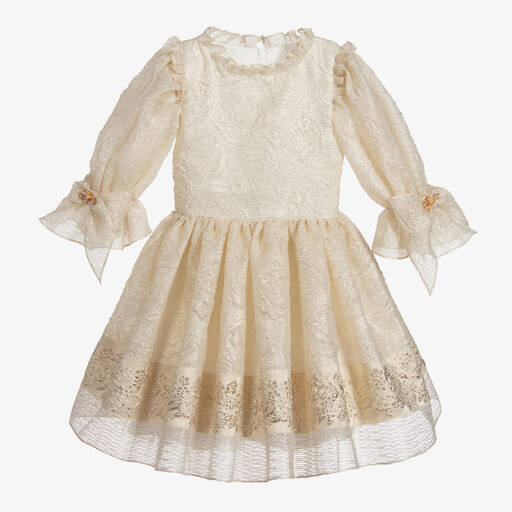 David Charles-Girls Gold Jacquard Dress | Childrensalon Outlet