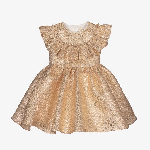 David Charles-Girls Gold Jacquard Dress  | Childrensalon Outlet