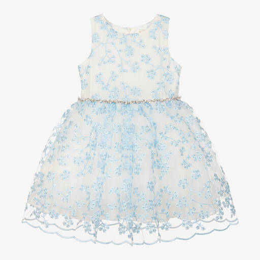 David Charles-Girls Ivory & Blue Embroidered Floral Dress | Childrensalon Outlet